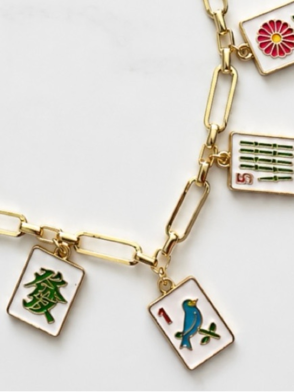 Mahjong Tile Charm Necklace with Colorful Enamel Tiles